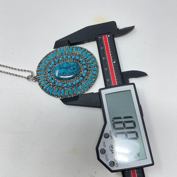 Petit Point Turquoise Blue Pendant Necklace Silver-Tone Long Southwest Western - Picture 10 of 12